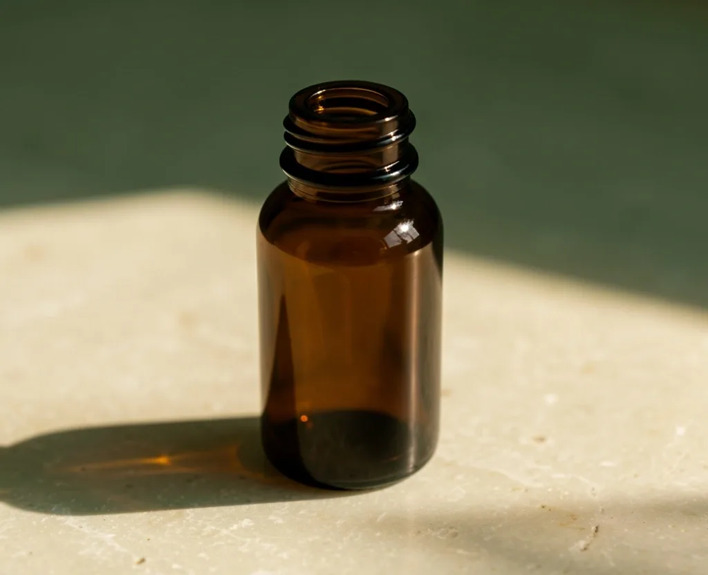 Dark amber apothecary bottle on stone surface