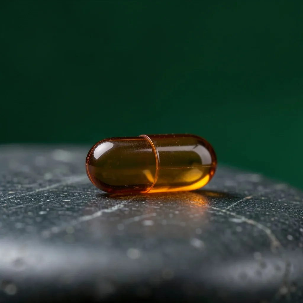 Amber vegetarian capsule on dark surface