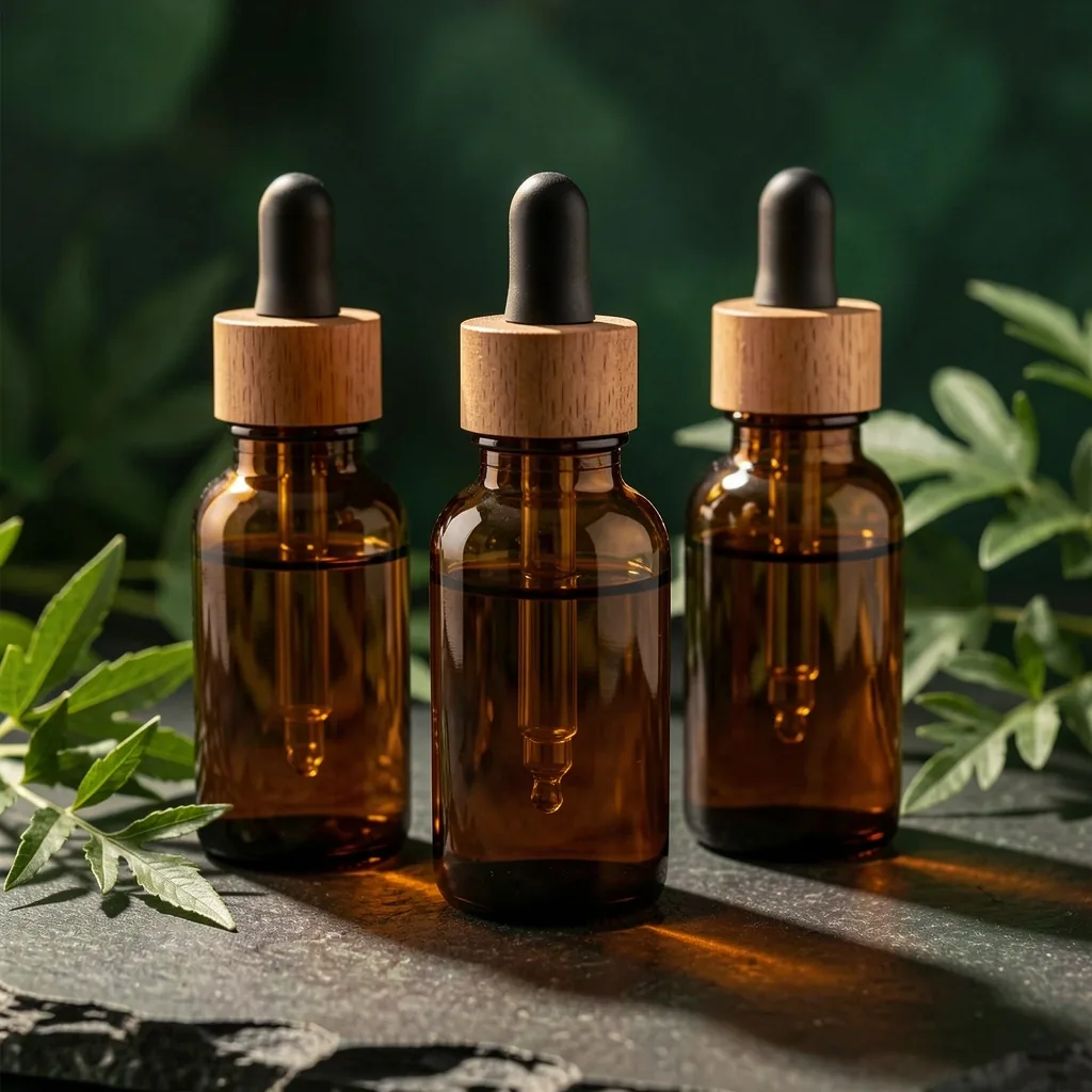 Amber glass apothecary bottles containing botanical extracts