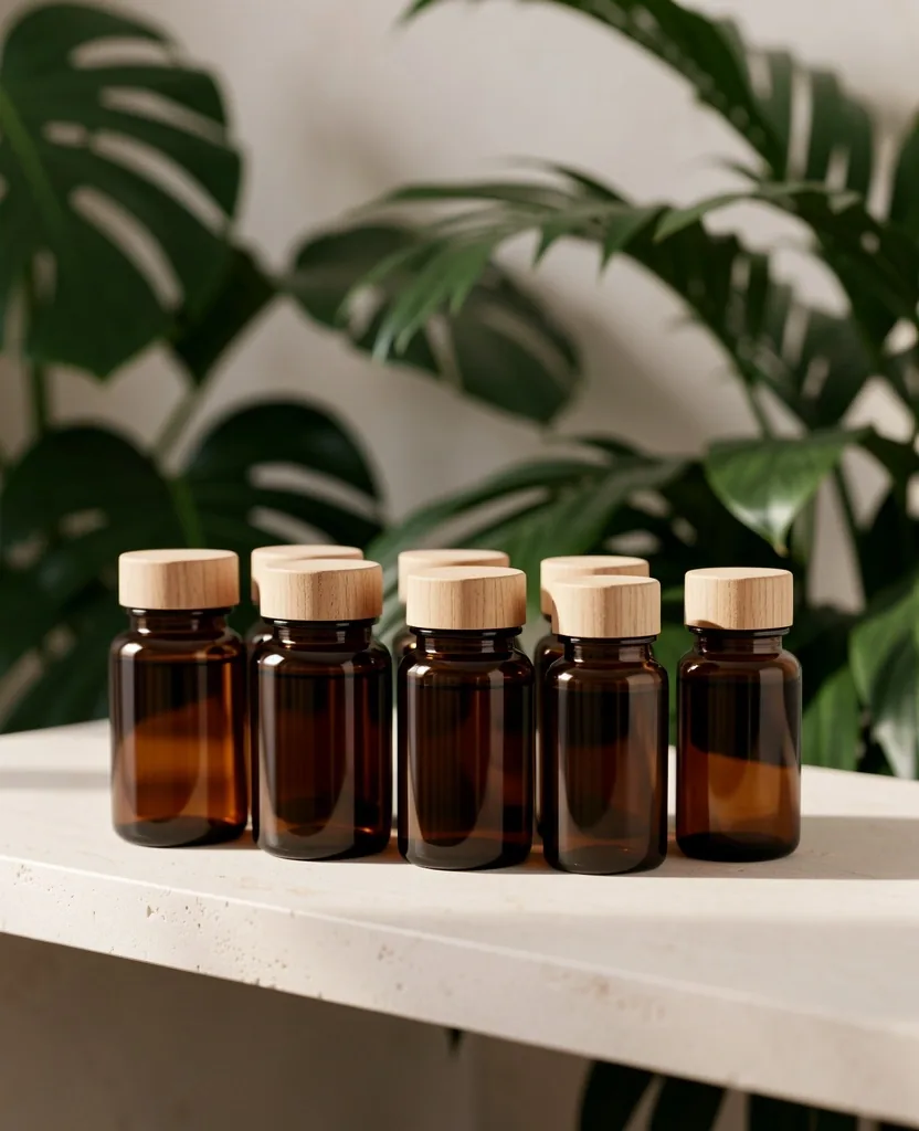 Dark amber supplement bottles on a stone shelf
